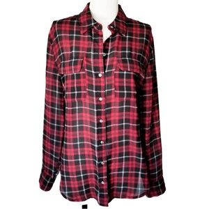 Banana Republic Red & Black Tartan Plaid Button Up Semi Sheer Shirt Size Small